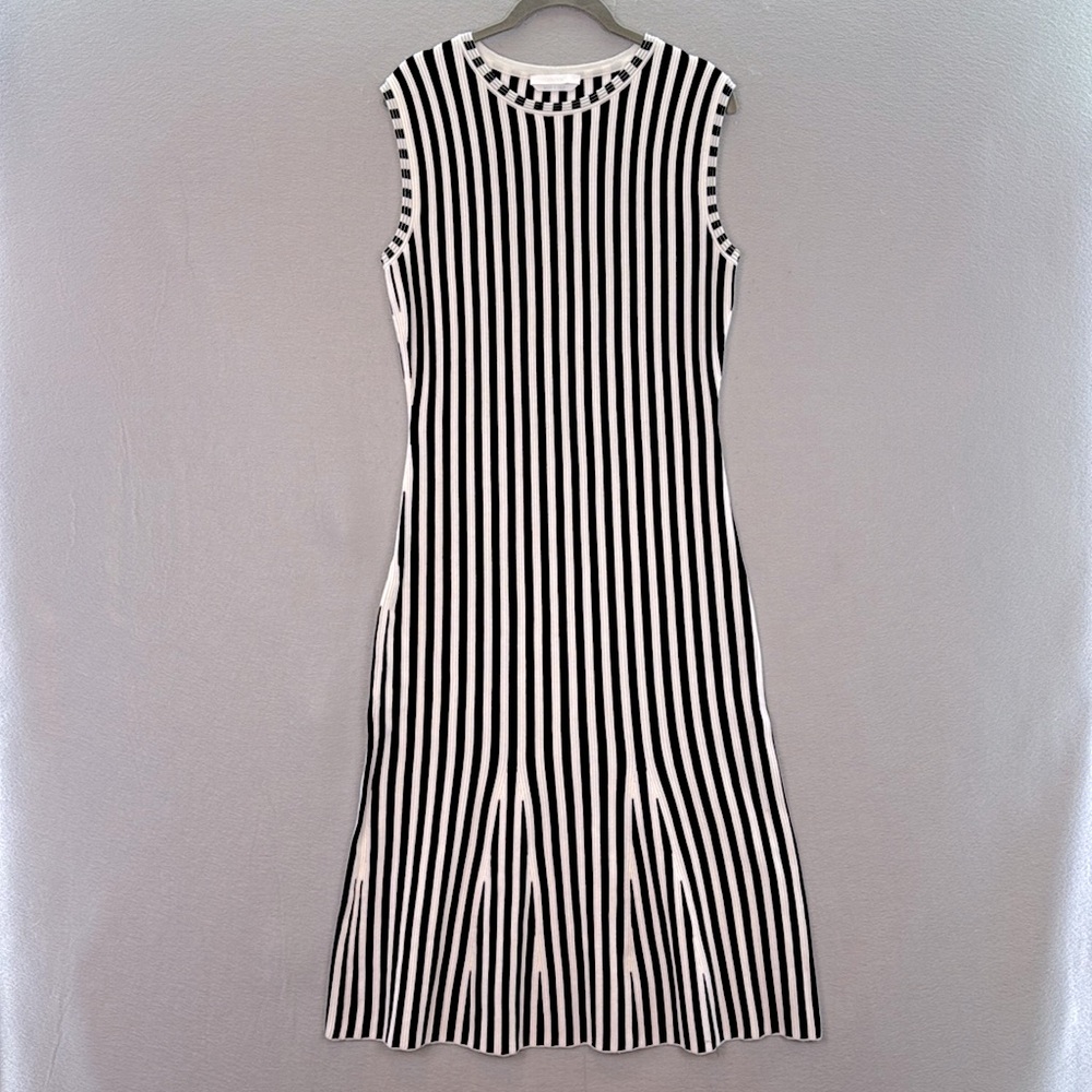 HUGO BOSS  - Women’s black & white knit viscose striped‎ sleeveless midi dress L